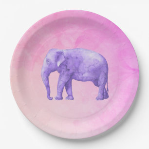 Assiettes En Carton Eléphant violet sur des aquarelles roses de rêve
