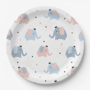 Assiettes En Carton Eléphants Bleu Rose Couronnes Baby shower garçon f