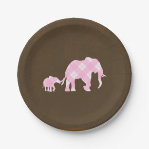 Assiettes En Carton Eléphants roses Brown Baby shower moderne tendance