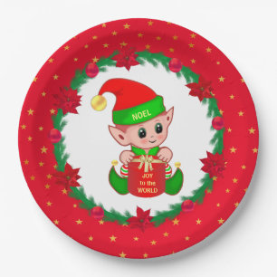 Assiettes En Carton elfe de Noël, couronne de pin, poinsettias & étoil