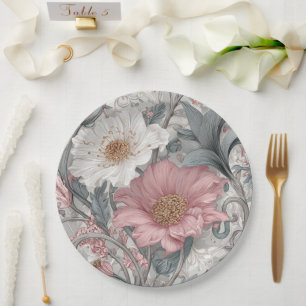 Assiettes En Carton Elise Rose et Gris Jardin Nouveau