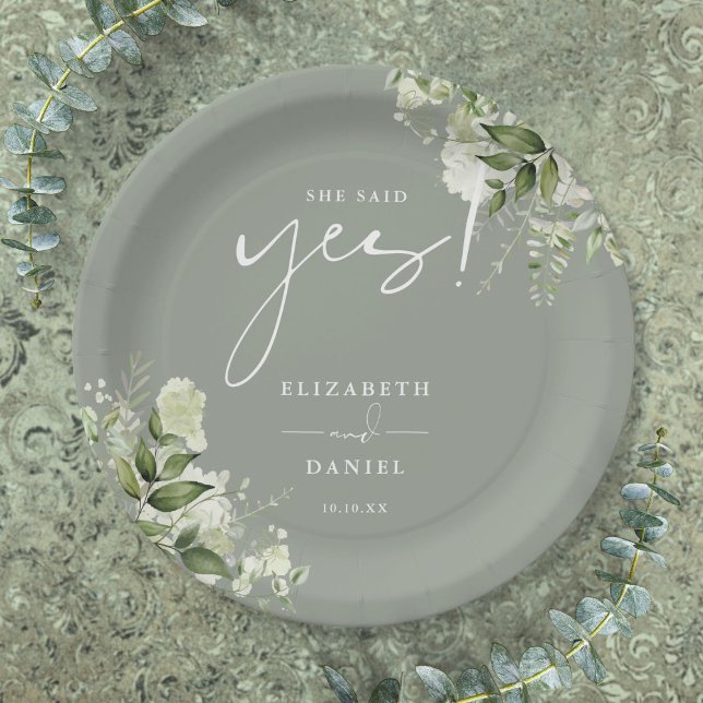 Assiettes En Carton Elle A Dit Oui Green Sage Green Engagement Party (She Said Yes Greenery Sage Green Engagement Party Paper Plates)