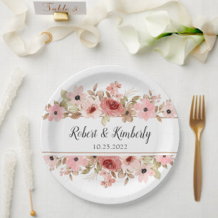 Assiettes En Carton ELLE Rose Fleur Élégant Mariage