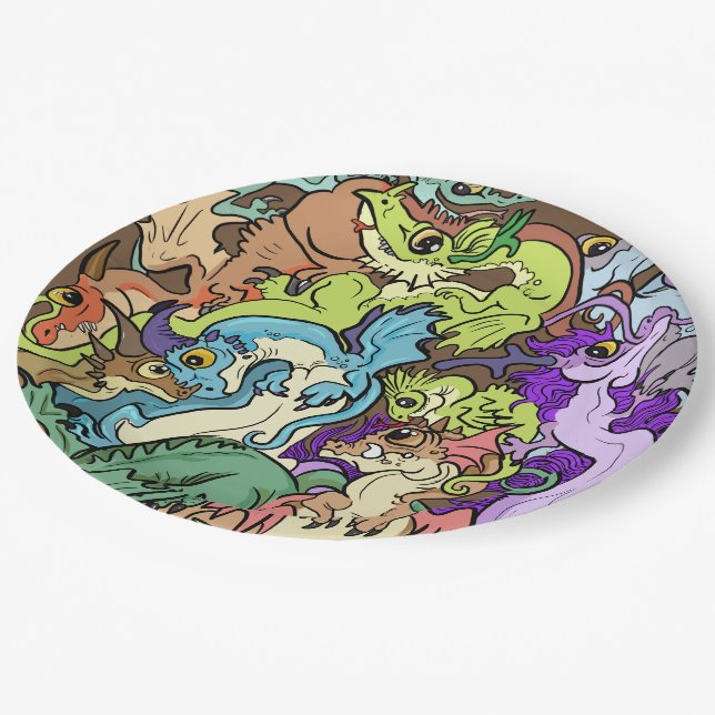 Assiettes En Carton emballé dans des dragons de fête (Angle)