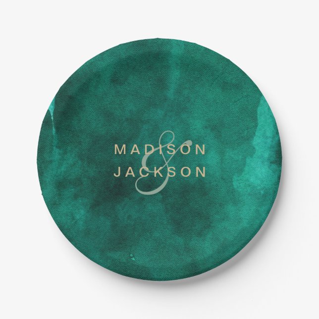 Assiettes En Carton Emerald Green Aquarelle & Mariage Or Monogramme (Devant)