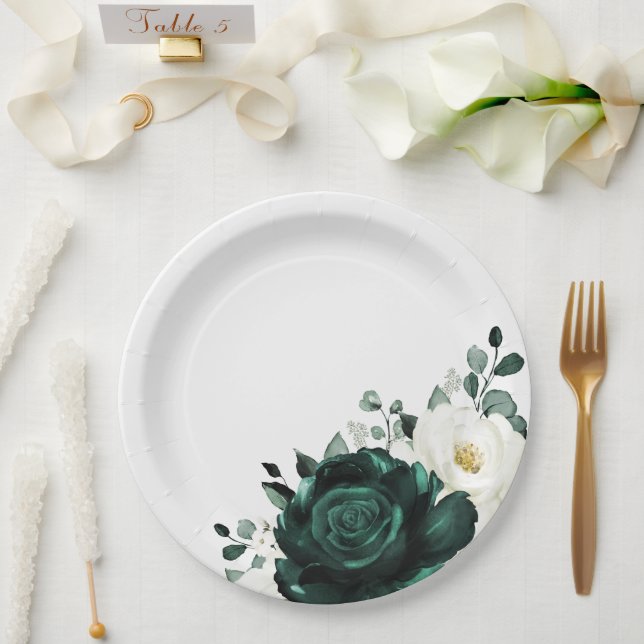 Assiettes En Carton Emerald Green Eucalyptus Blanc Floral Mariage (Mariage)