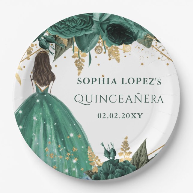 Assiettes En Carton Emerald Green Floral Princess Quinceanera (Devant)