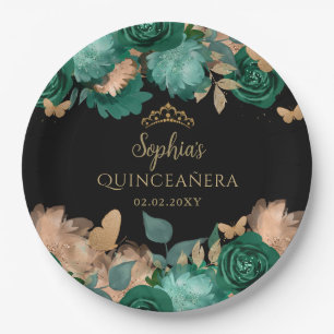 Assiettes En Carton Emerald Green Gold Floral Butterfly Quinceañera