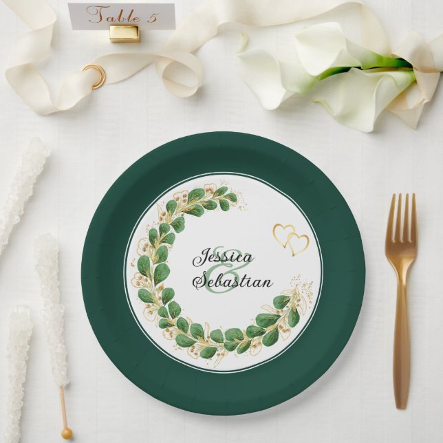 Assiettes En Carton Emerald Green & Gold Jewel Tone Eucalyptus Mariage (Mariage)