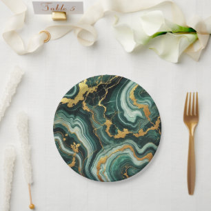 Assiettes En Carton Emerald Green & Gold Marble Look Mariage Glam