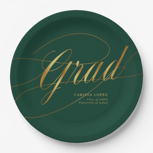 Assiettes En Carton Emerald Green & Gold Minimalist Grad Calligraphie (Devant)