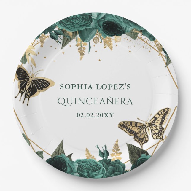 Assiettes En Carton Emerald Green Or Floral Elegant Quinceanera (Devant)