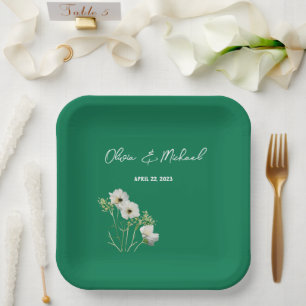 Assiettes En Carton Émeraude vert Fleurs blanches Plaques en papier Ma