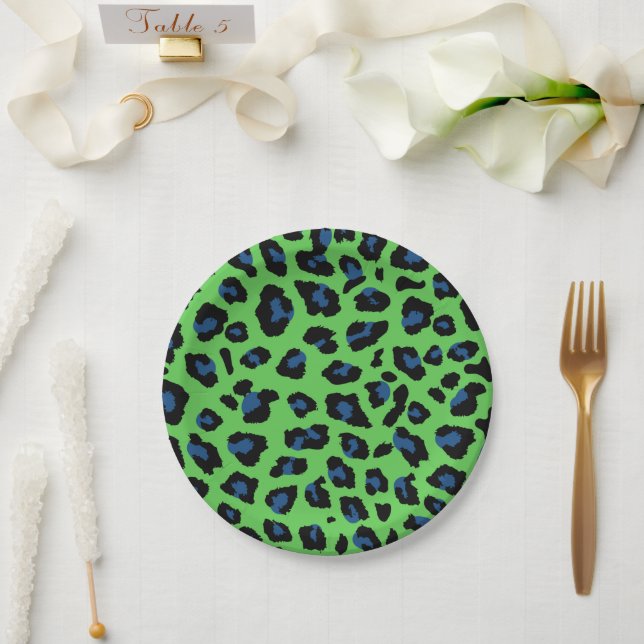 Assiettes En Carton Empreinte de léopard bleu et vert (Mariage)