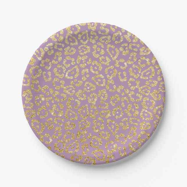 Assiettes En Carton Empreinte de léopard élégant violet & or (Devant)