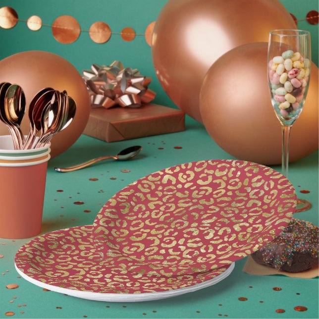 Assiettes En Carton Empreinte de léopard Red Gold Glam (Multi)