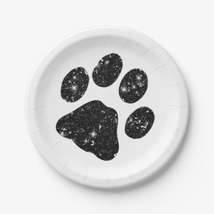 Assiettes En Carton Empreinte de patte Parties scintillant noir blanc