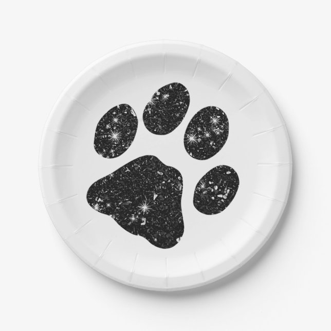 Assiettes En Carton Empreinte de patte Parties scintillant noir blanc (Devant)