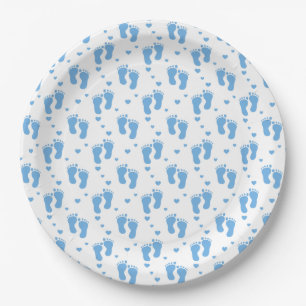 Assiettes En Carton Empreintes de bébé garçon bleu sur fond blanc