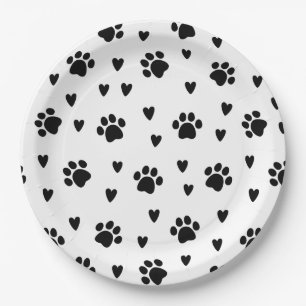 Assiettes En Carton Empreintes de pattes et coeurs de chien noir migno