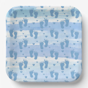 Assiettes En Carton Empreintes de pieds et cœurs de bébé garçon sur aq