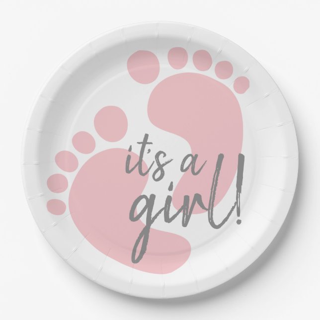 Assiettes En Carton Empreintes roses mignonnes C'est un Baby shower de (Devant)