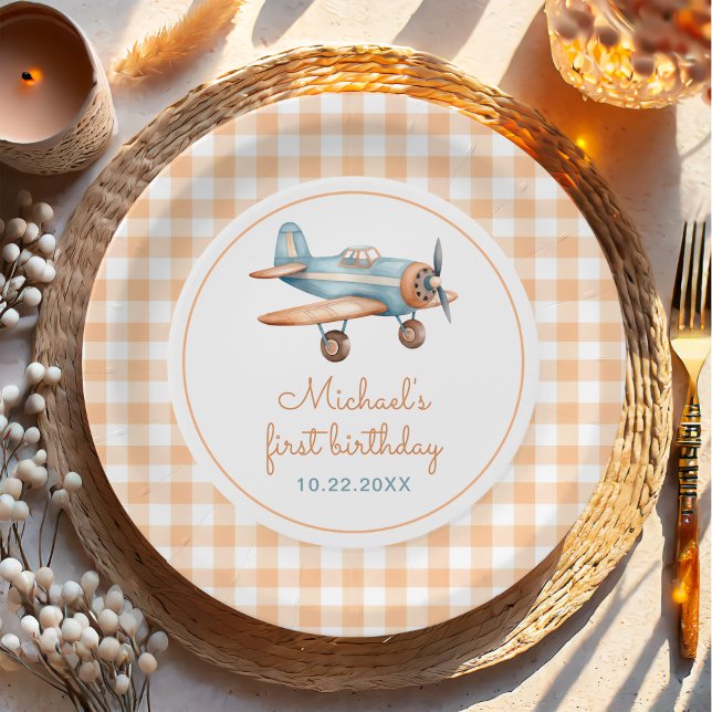 Assiettes En Carton en vichy heure Avion Avion premier anniversaire (Créateur téléchargé)