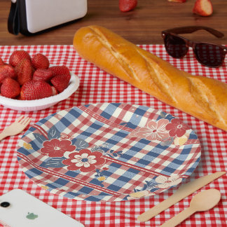 Assiettes En Carton En vichy patriotique aux accents floraux | Rouge b