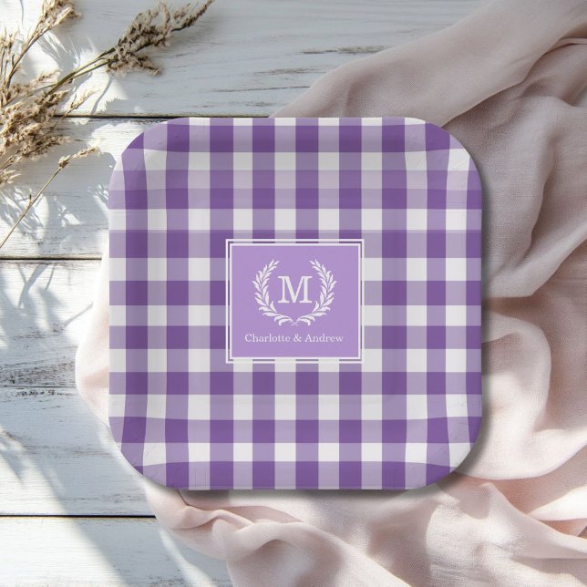 Assiettes En Carton En vichy violet Monogram Crest Custom (Purple Gingham Monogram Crest Custom Paper Plates with your Monogram and Names.)