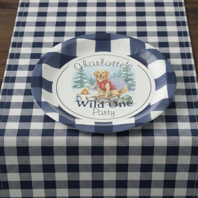 Assiettes En Carton en vichy Wild One Golden Retriever 1er anniversair (Celebrate your wild one’s special day with this Gingham Wild One Golden Retriever 1st Birthday!)