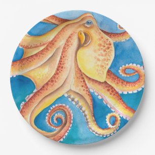 Assiettes En Carton Encre d'aquarelle rouge orange octopus