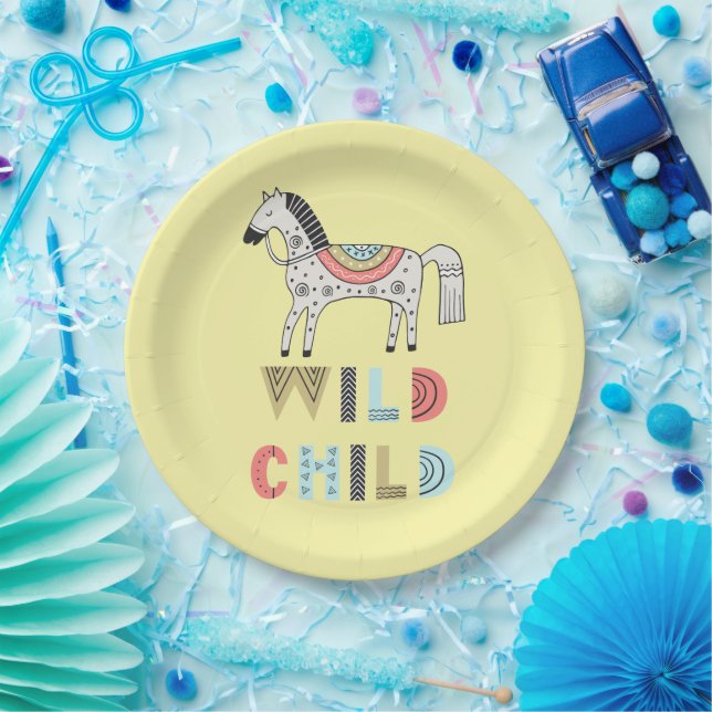 Assiettes En Carton Enfant sauvage Cheval Scandinave Pastel Jaune (Fête)