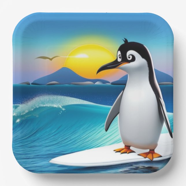Assiettes En Carton Enfants Anniversaire Fête Penguin Surf (Recto)