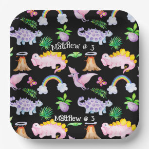Assiettes En Carton Enfants Black Fun Dinosaur Rainbow Watercolor Jung