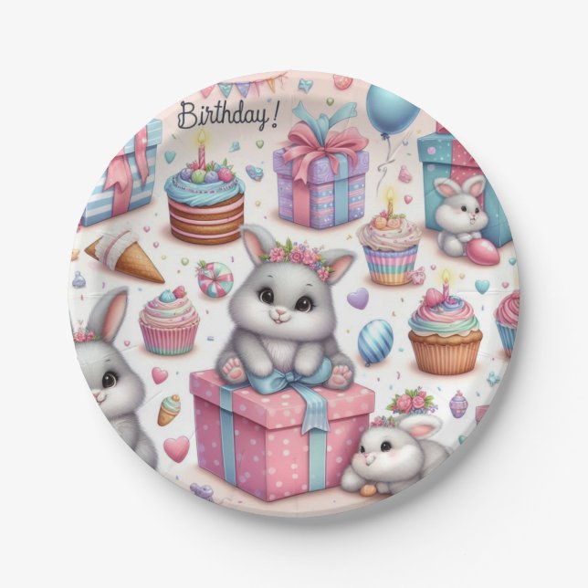 Assiettes En Carton Enfants Bunny Cadeau Anniversaire Plaques de fête (Devant)