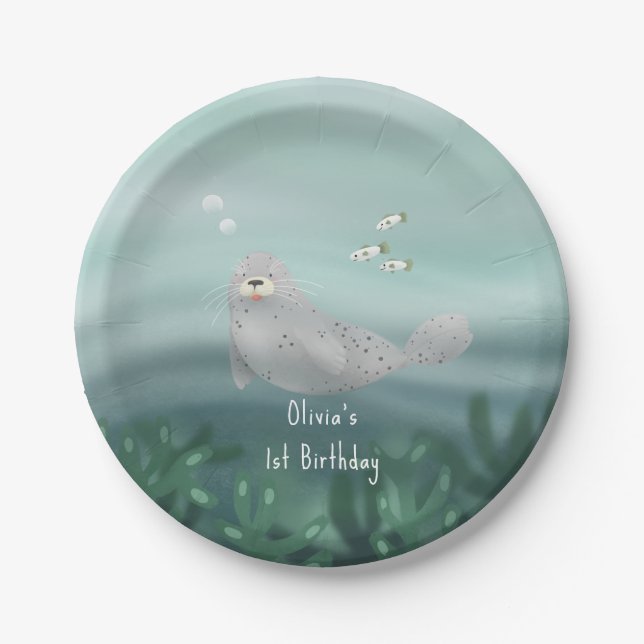 Assiettes En Carton Enfants Cute Ocean Seal 1er anniversaire (Devant)