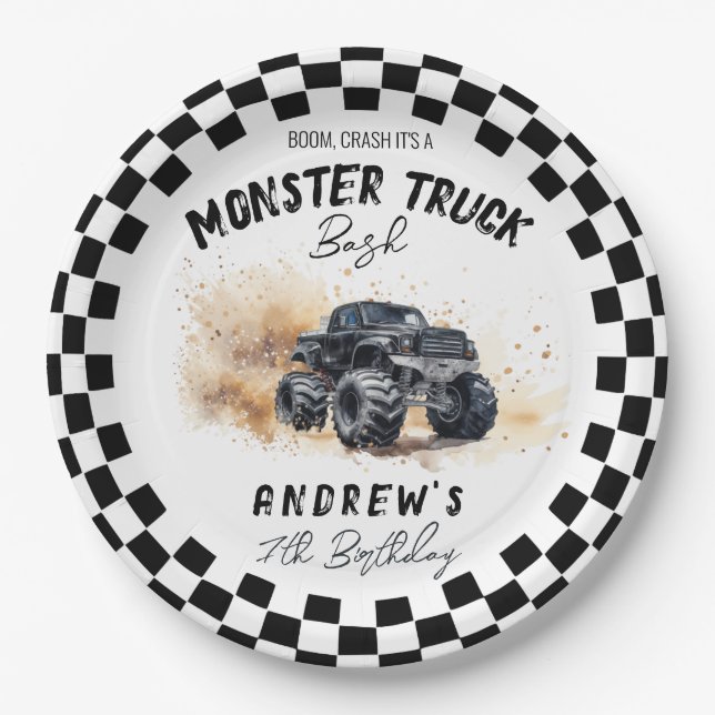 Assiettes En Carton Enfants modernes Black Monster Trucs Anniversaire (Devant)