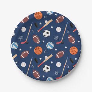 Assiettes En Carton Enfants Motif d'équipement sportif sur Blue Annive