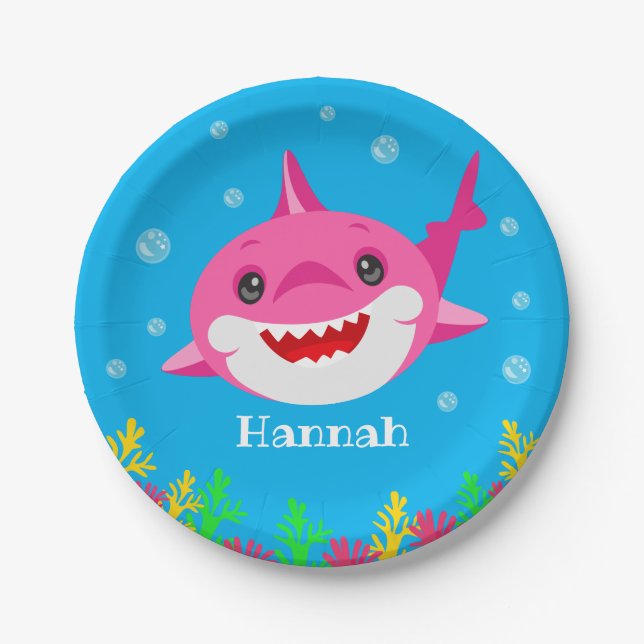 Assiettes En Carton Enfants Requin rose Personnalisé Anniversaire (Devant)
