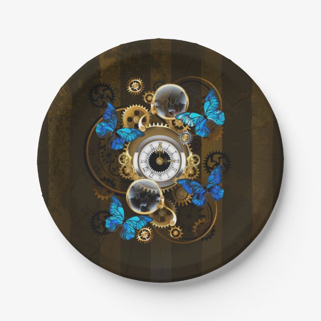 Assiettes En Carton Engrenages à vapeur et papillons bleus (Devant)
