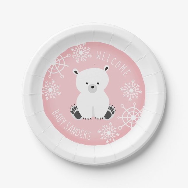 Assiettes En Carton Ensemble de Joy Snowflake Hiver Baby shower rose (Devant)