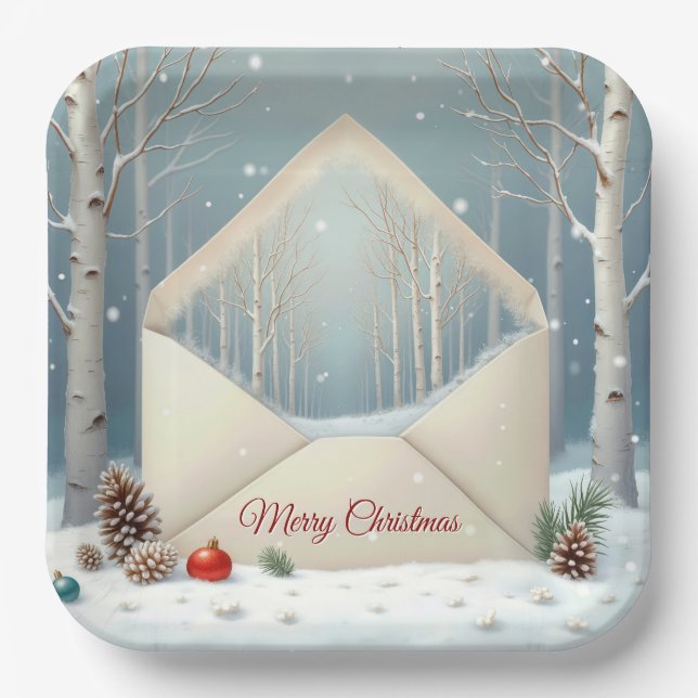 Assiettes En Carton Enveloppe Joyeuse de Noël avec bouleaux (Recto)