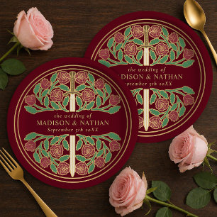 Assiettes En Carton Épée florale médiévale royale rouge or mariage