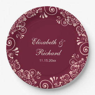 Assiettes En Carton Épouser floral de remous de Bourgogne d'or rose