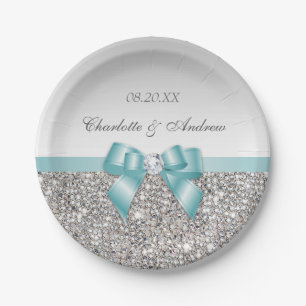 Assiettes En Carton Épouser turquoise de paillettes d'argent d'arc de