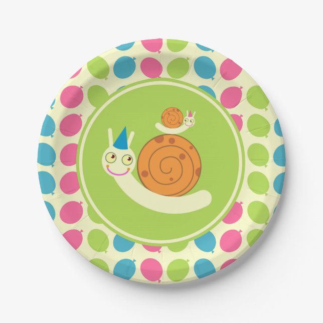 Assiettes En Carton Escargots et ballons enfants Fête d'anniversaire (Devant)