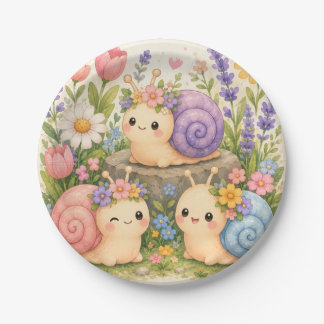 Assiettes En Carton Escargots mignons kawaii avec des fleurs