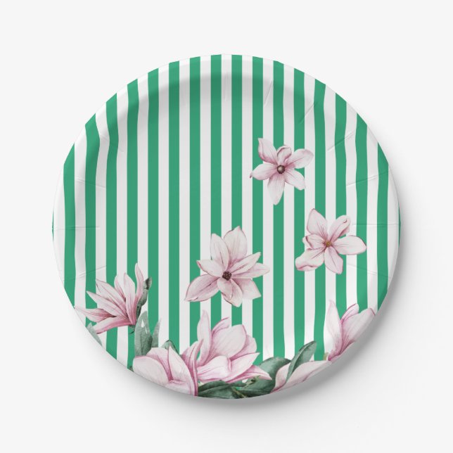 Assiettes En Carton Été, printemps, imprimé magnolia rayé vert (Devant)