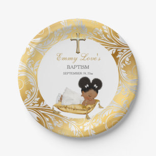 Assiettes En Carton Ethnic Baby Girl Christening Baptism Or Argent
