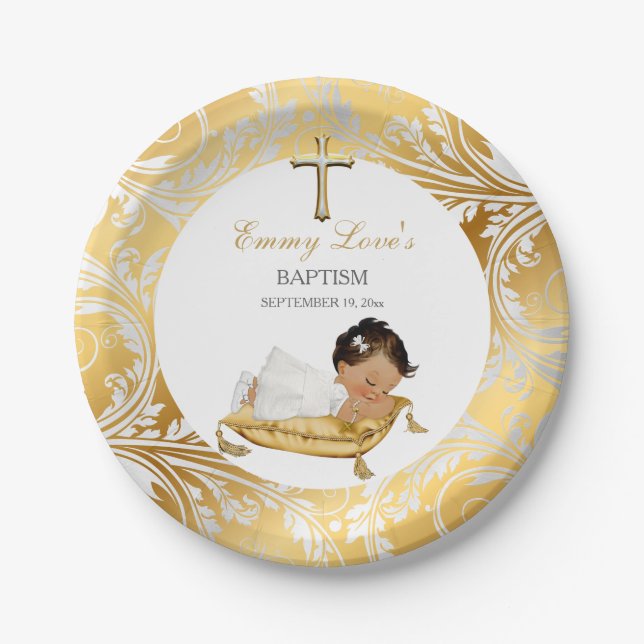 Assiettes En Carton Ethnic Baby Girl Christening Baptism Or Argent (Devant)
